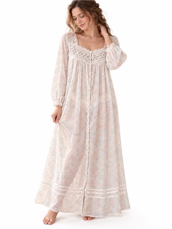 Eileen West Other - Vintage 2002 Eileen West Floral Lace Pearl Button Cotton Nightgown Large